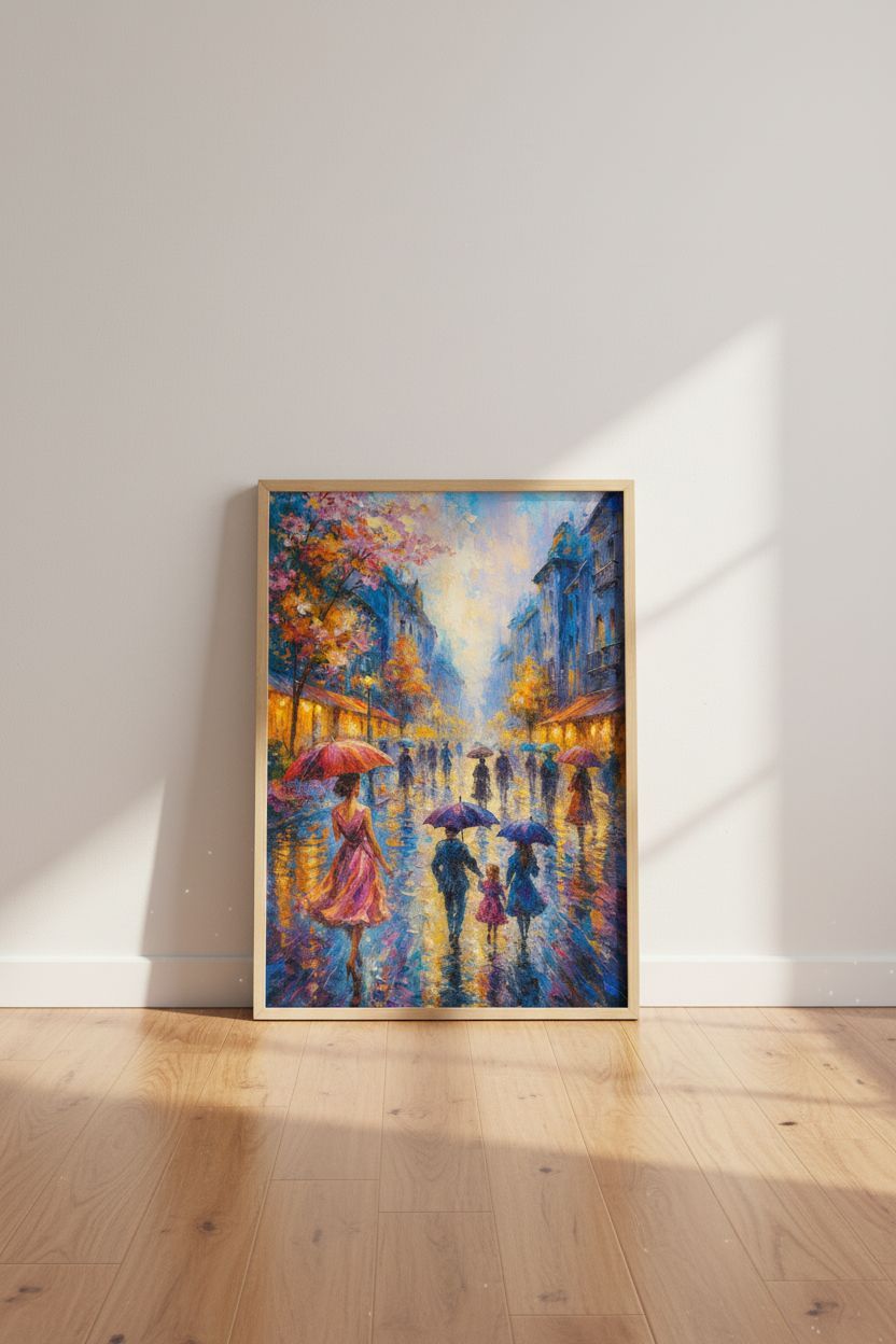 Impressionist Rainy City Wall Art Print | Vibrant Street Scene Decor | Colorful Abstract Couple Poster