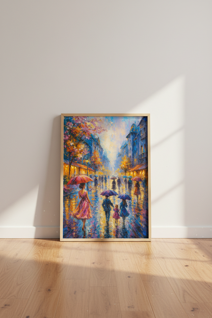 Impressionist Rainy City Wall Art Print | Vibrant Street Scene Decor | Colorful Abstract Couple Poster