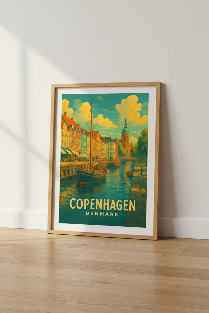 Retro Travel Copenhagen Wall Art Print | Vibrant Cityscape Decor | Denmark Poster | Framed Unframed Digital
