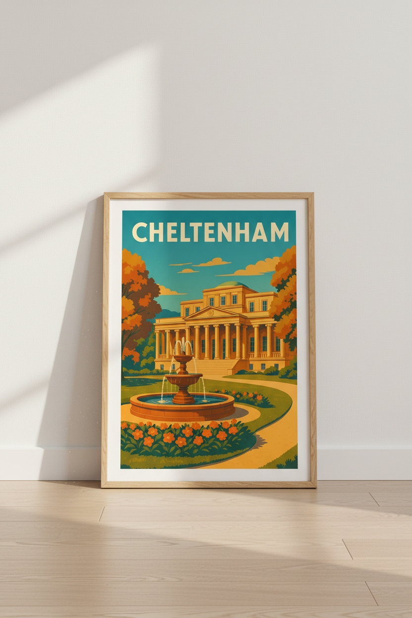 Cheltenham Travel Poster Print | Retro City Wall Art | UK England Architecture Decor | Eclectic Home Decor | Vintage Style Gift