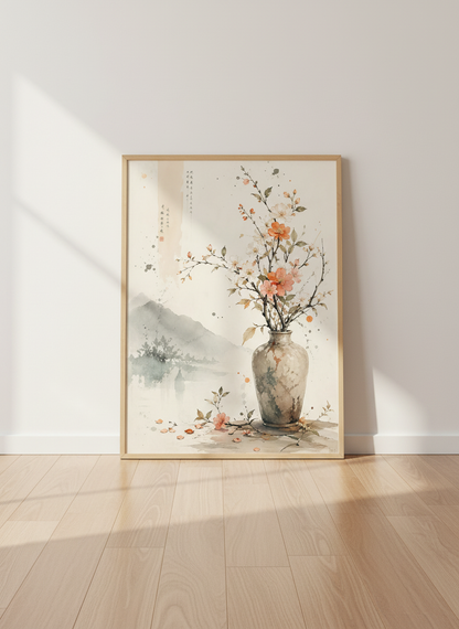 Chinoiserie Floral Vase Wall Art | Serene Asian Landscape Print Hues