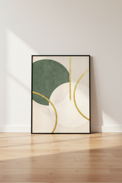 Abstract Geometric Wall Art Print | Modern Living Room Decor | Neutral Sage Green Gold Aesthetic Poster