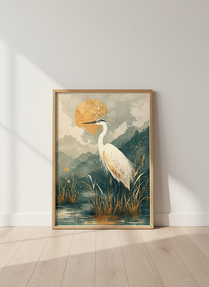 Zen Egret Wall Art Print | Japanese Crane Decor | Serene Nature Poster