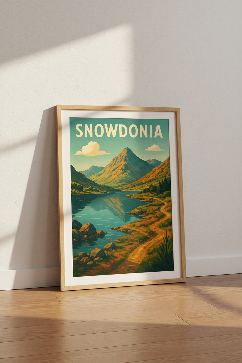 Retro Travel Snowdonia Wall Art Print | Mid Century Landscape Poster | Lake &amp; Mountain Decor | Wales Home Nature Gift