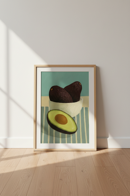 Minimalist Avocado Still Life Framed Wall Art | Kitchen Dining Room Decor | Mid Century Modern Food Poster Print