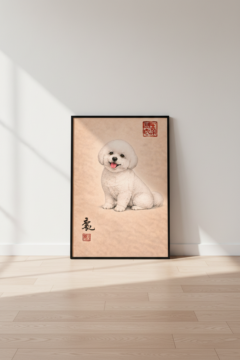 Bichon Frise Art Print | Japanese Style Dog Poster | Cute Puppy Wall Art | Pet Lover Home Decor | Eastern Ink Painting Print