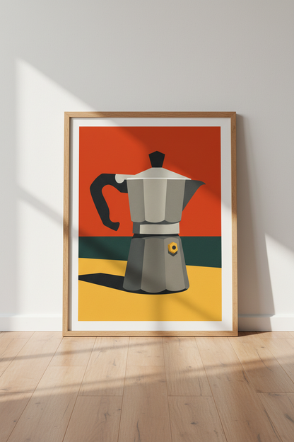 Retro Moka Pot Wall Art Print | Kitchen Decor | Mid-Century Modern Coffee Poster | Unframed, Framed, Digital Download