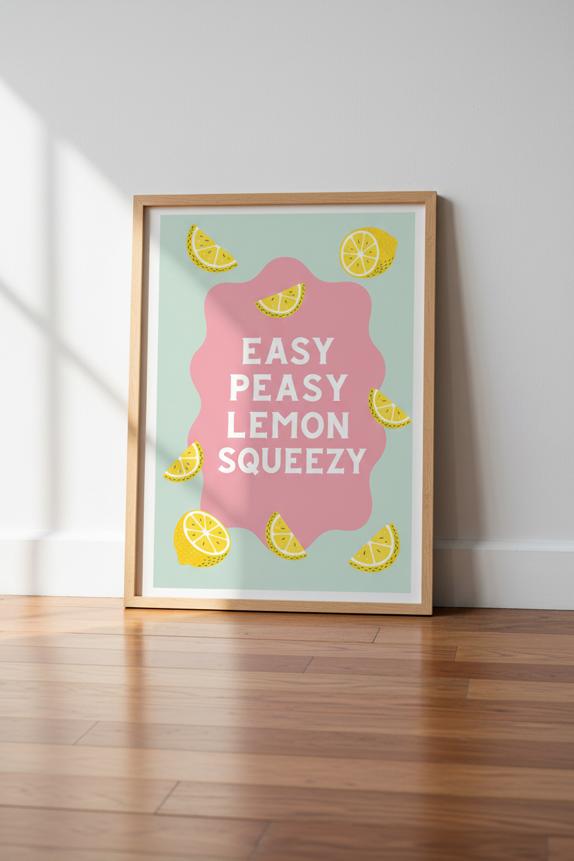 lemon wall art | pastel pink &amp; mint, kitchen &amp; dining decor
