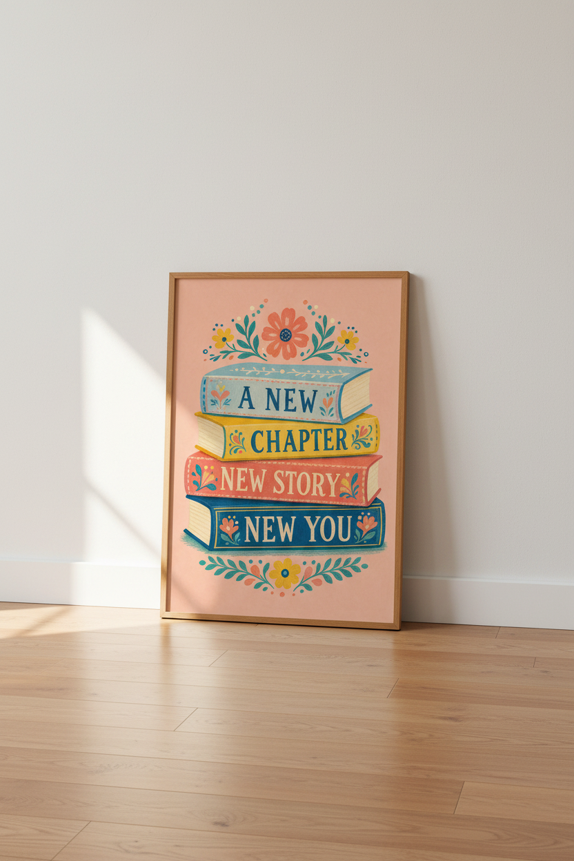 A New Chapter Book Stack Wall Art Print | Reading Nook Decor | Inspirational Poster