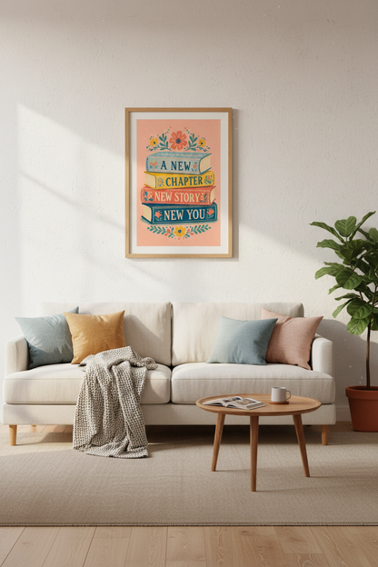 A New Chapter Book Stack Wall Art Print | Reading Nook Decor | Inspirational Poster