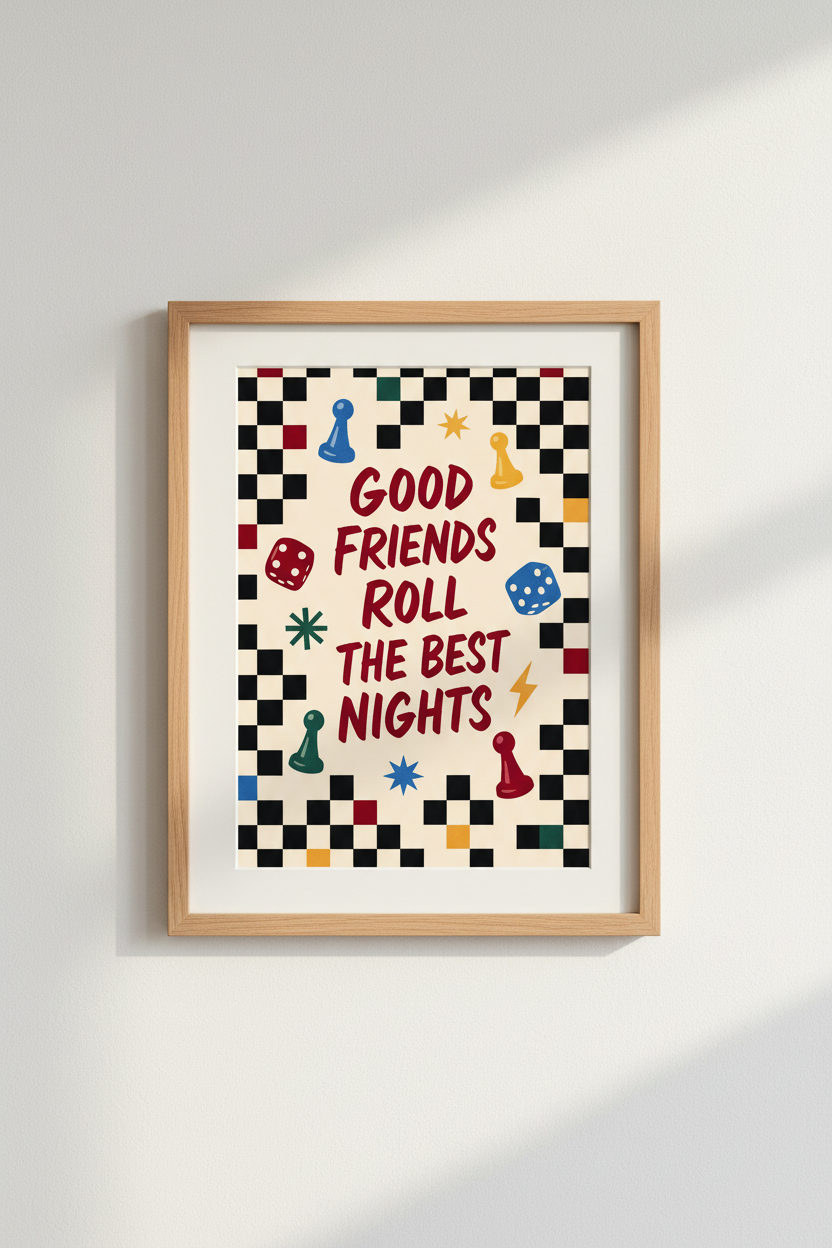 Board game wall art | Retro color palette, lively typography | Living room decor