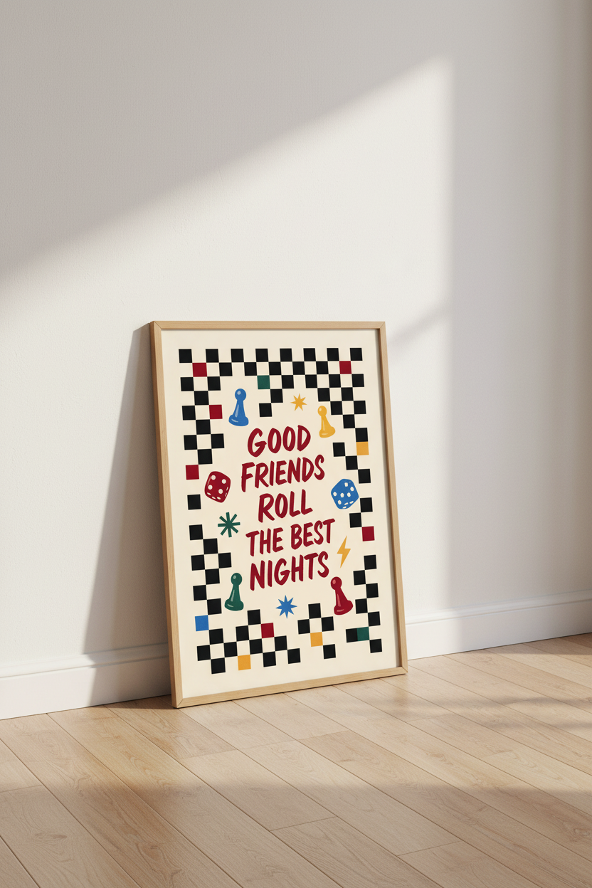 Board game wall art | Retro color palette, lively typography | Living room decor
