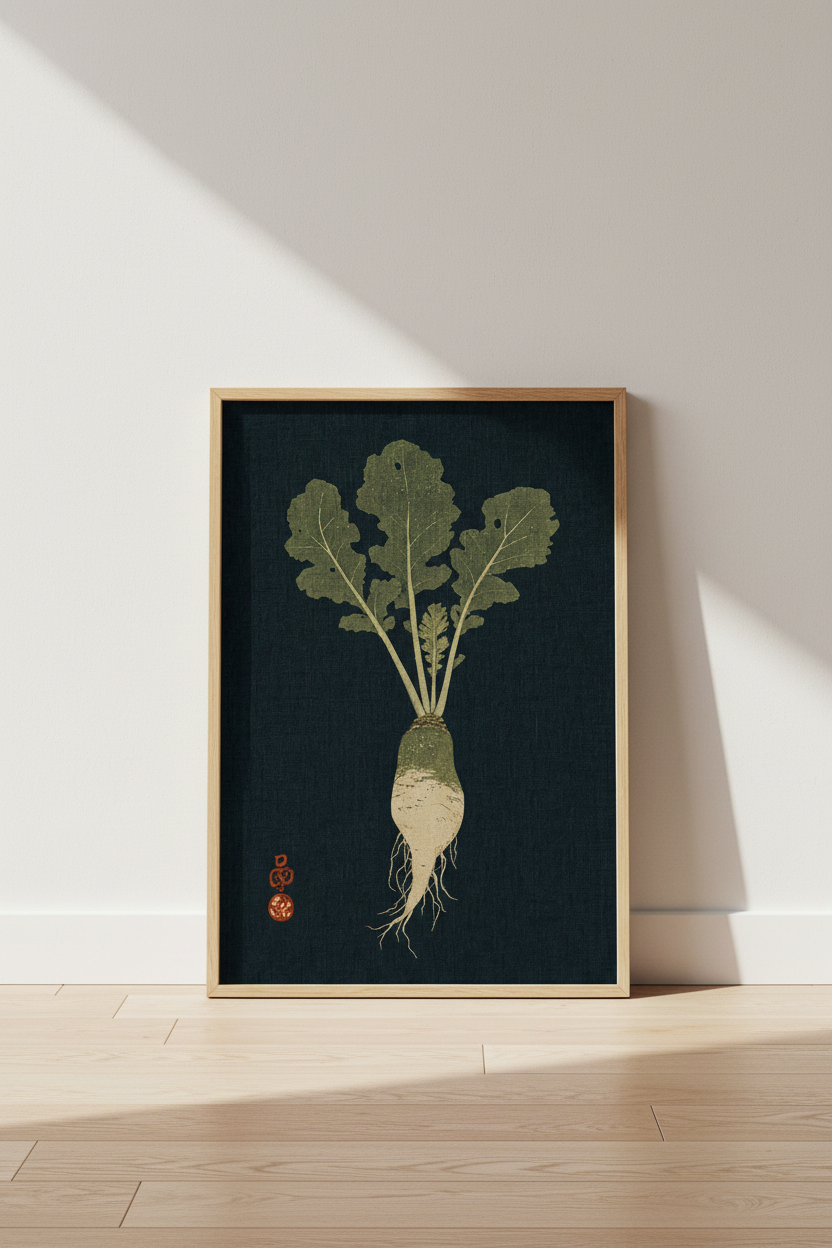 Japanese Radish Wall Art | Vintage Woodblock Style, Indigo Kitchen Decor