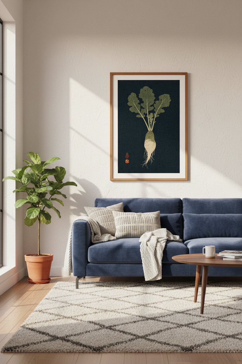 Japanese Radish Wall Art | Vintage Woodblock Style, Indigo Kitchen Decor