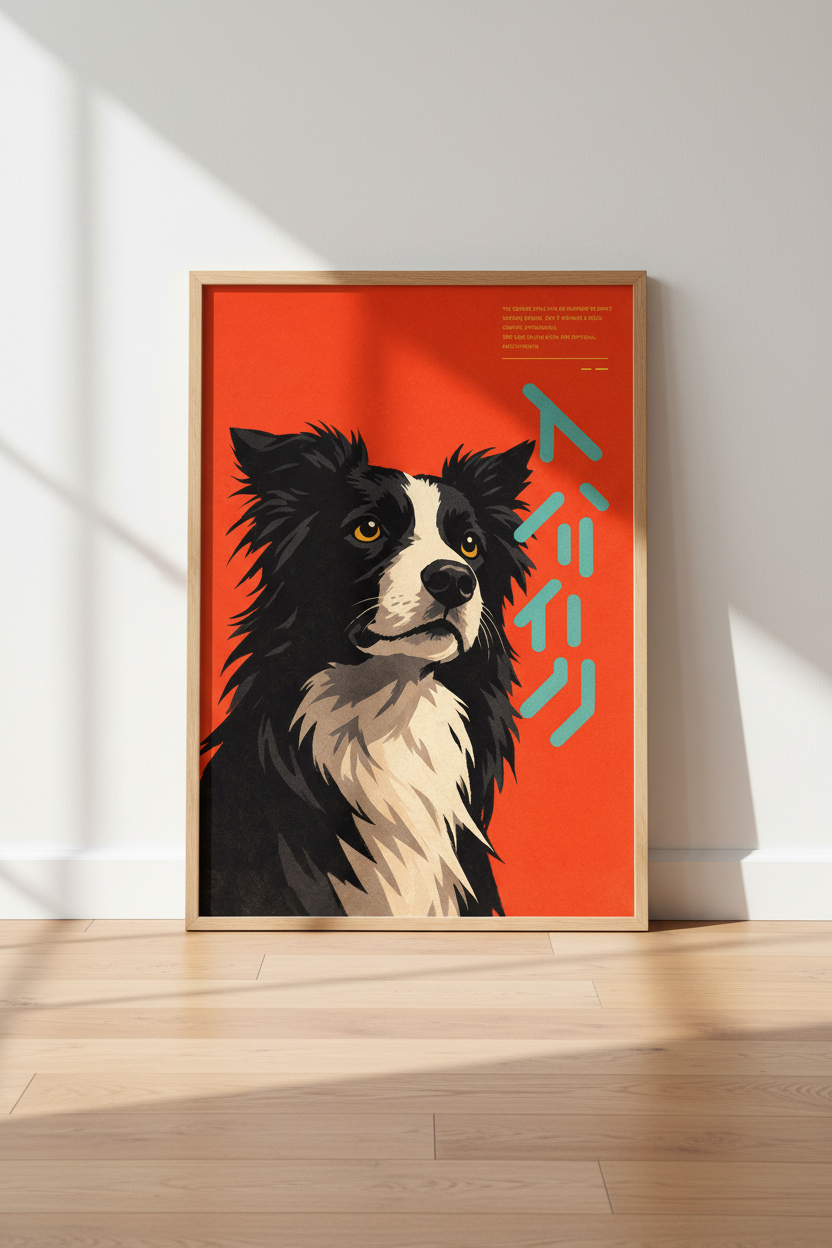 Border Collie Wall Art Print | Bold Graphic Dog Portrait | Orange Background &amp; Teal Japanese Script