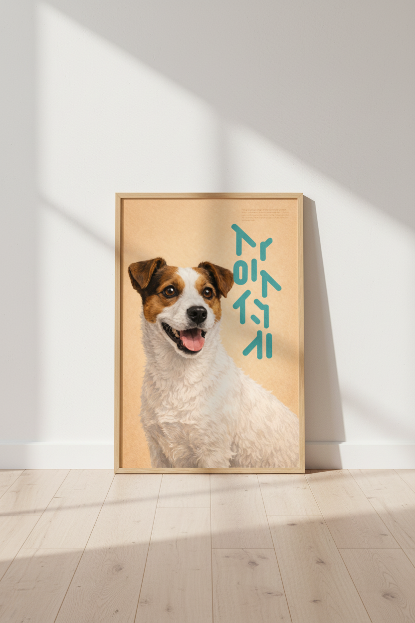 Jack Russell Terrier Wall Art Print | Warm Beige &amp; Teal Japanese Script