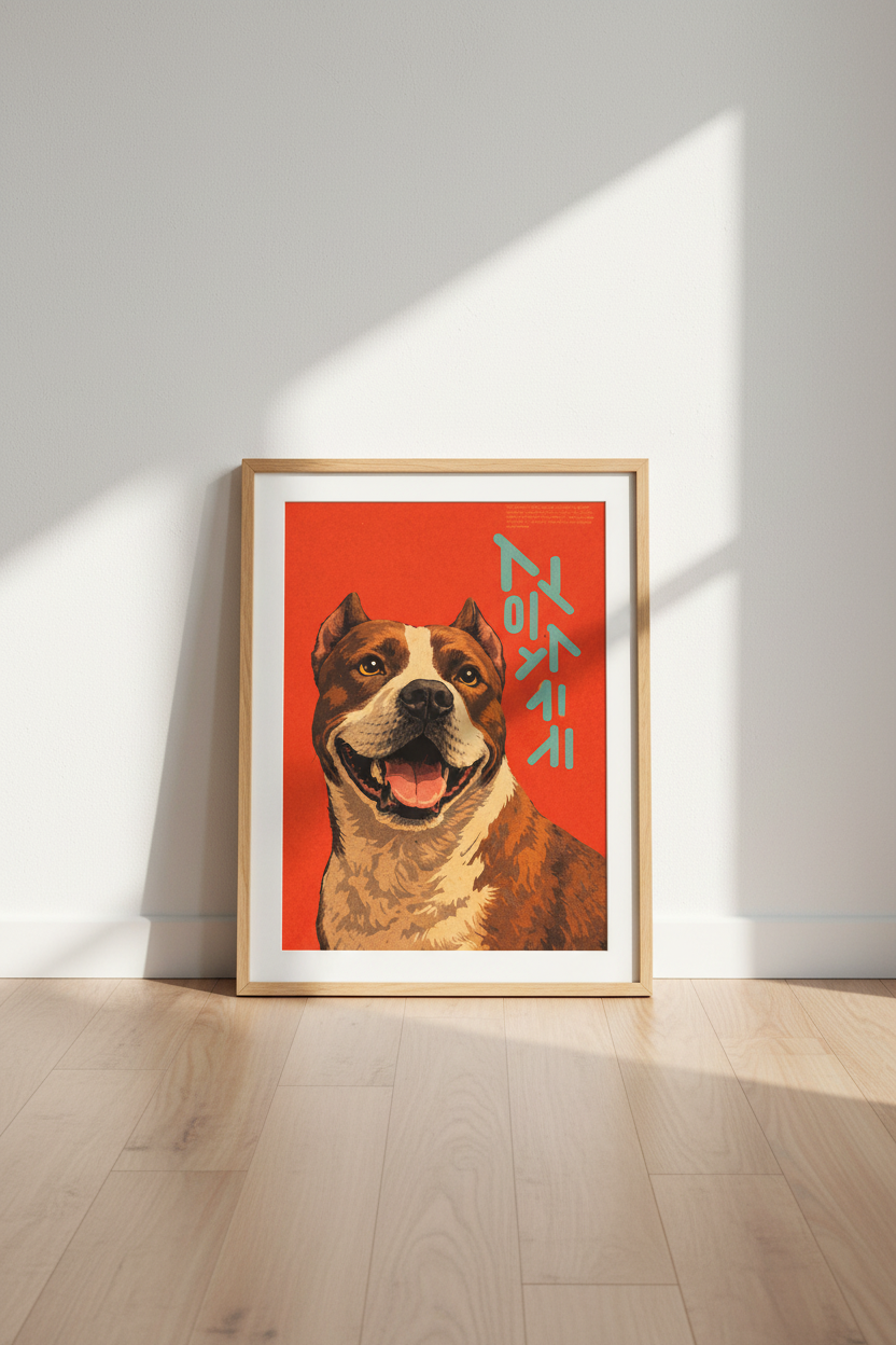 Retro Smiling Pitbull Wall Art Print | Bold Orange Background