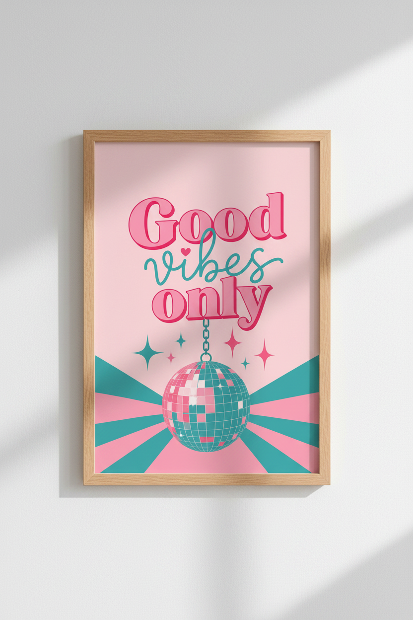 Disco Ball Wall Art Print | Pink Good Vibes Only Decor | Retro Aesthetic Poster
