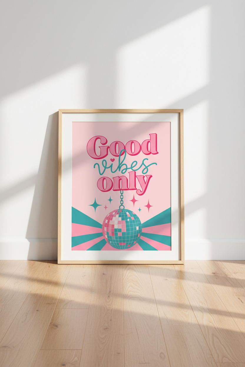 Disco Ball Wall Art Print | Pink Good Vibes Only Decor | Retro Aesthetic Poster