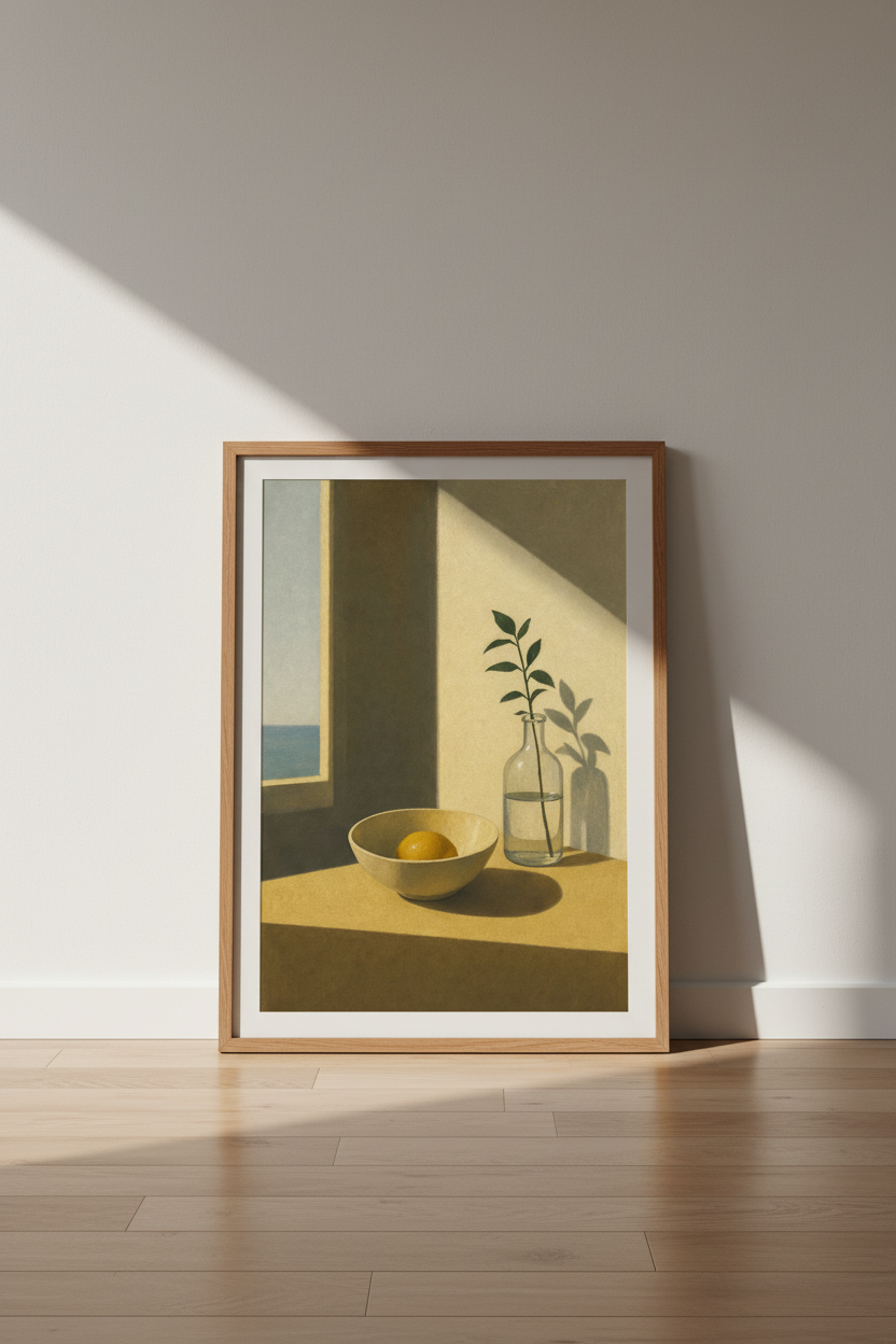 Mediterranean Still Life Art | Minimalist Lemon &amp; Vase Print, Coastal Kitchen Decor