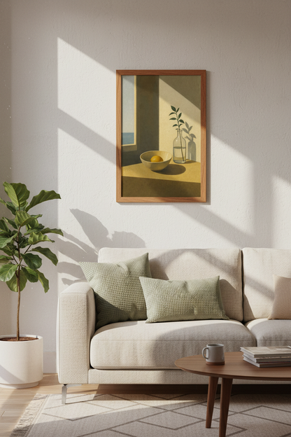 Mediterranean Still Life Art | Minimalist Lemon &amp; Vase Print, Coastal Kitchen Decor