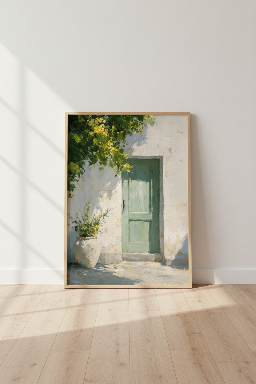 Mediterranean Teal Door Wall Art | Rustic Floral Oil Painting Style | Coastal Home Decor