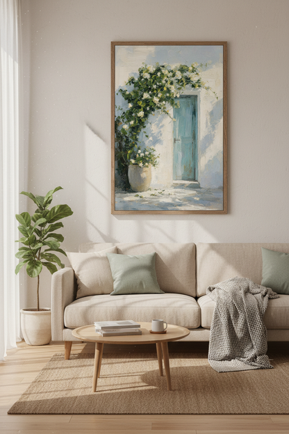 Blue Mediterranean Door Oil Painting | Coastal Floral Wall Art, Greek Decor Poster
