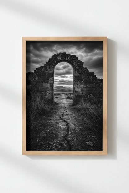 Gothic Landscape Print | Dark Academia Stone Archway, Moody Black and White Poster