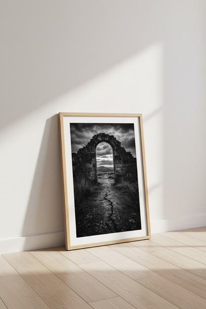 Gothic Landscape Print | Dark Academia Stone Archway, Moody Black and White Poster