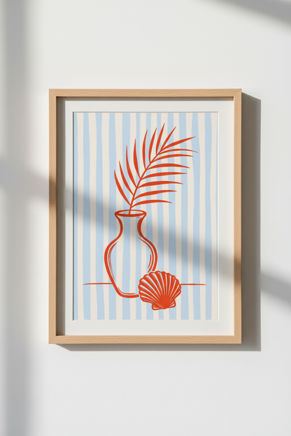 Mediterranean Vase &amp; Shell Wall Art | Blue Striped Coastal Decor | Summer Aesthetic Poster