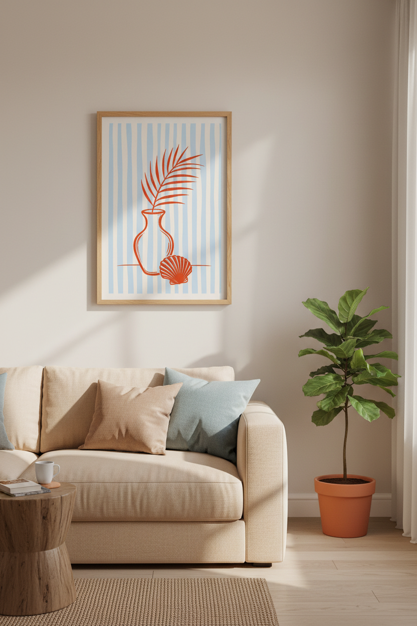 Mediterranean Vase &amp; Shell Wall Art | Blue Striped Coastal Decor | Summer Aesthetic Poster