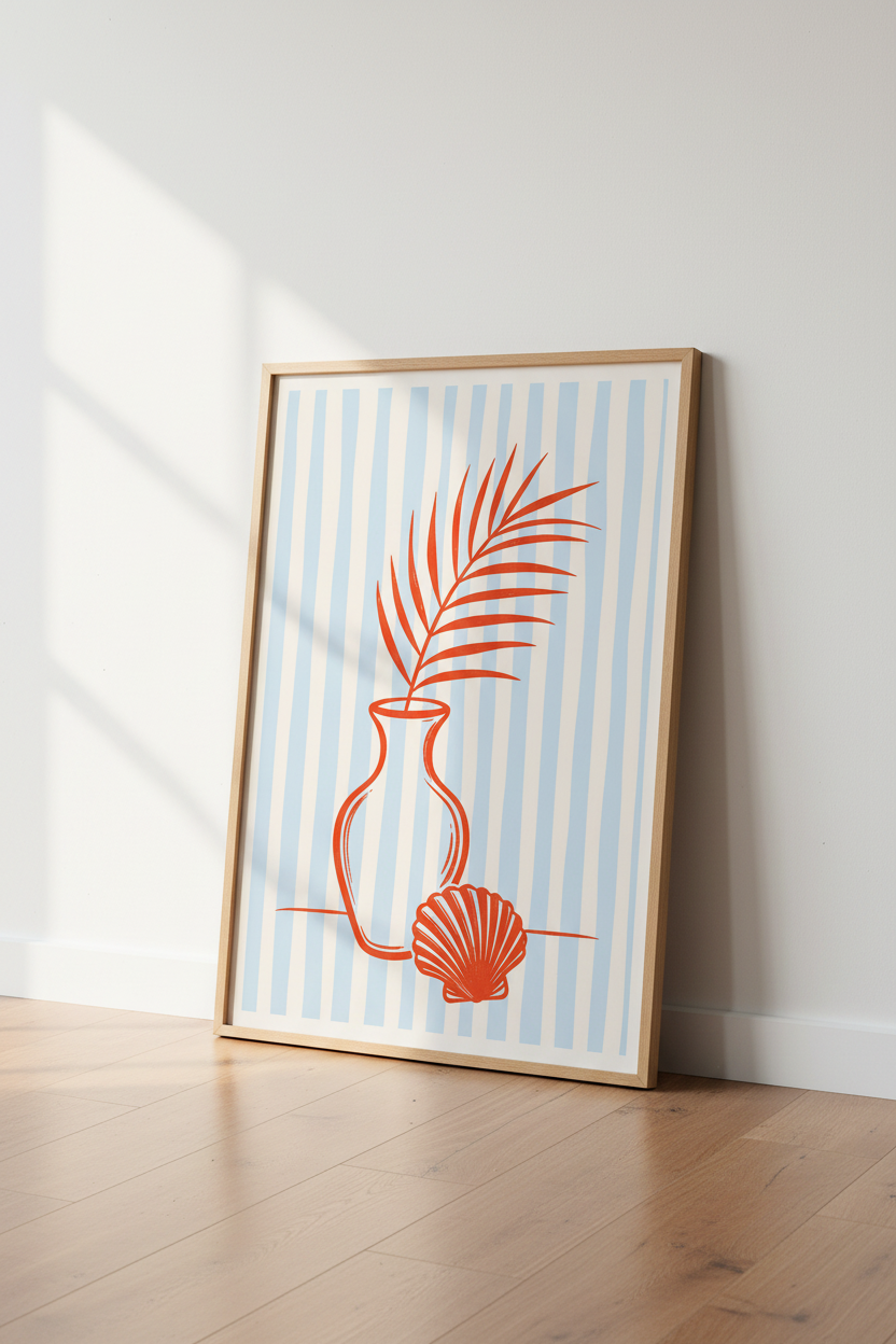 Mediterranean Vase &amp; Shell Wall Art | Blue Striped Coastal Decor | Summer Aesthetic Poster