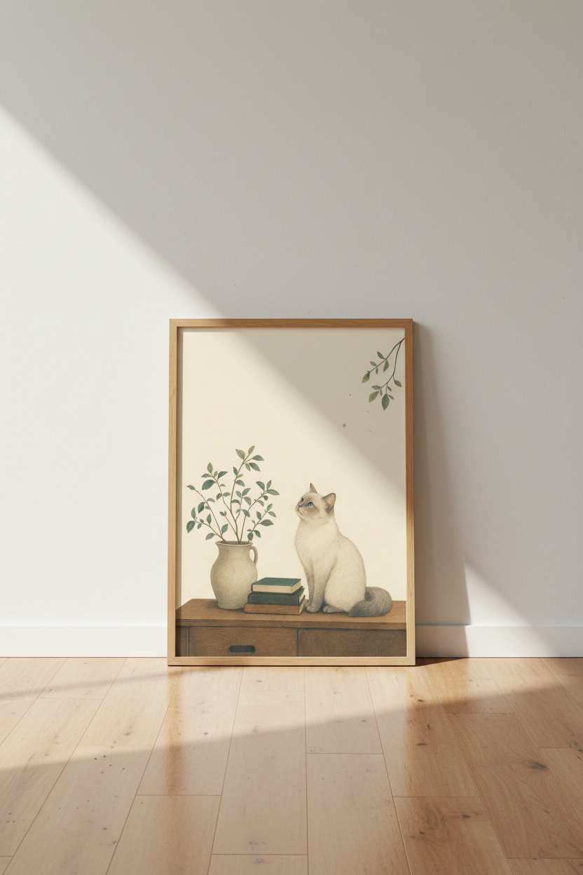Siamese Cat &amp; Books Wall Art | Vintage Cottagecore Decor | Aesthetic Poster