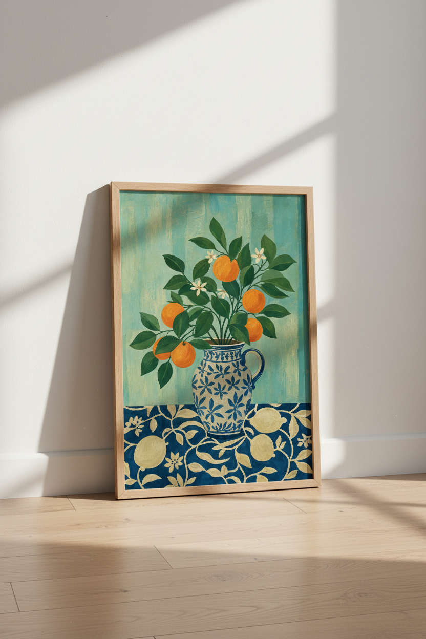 Orange Tree in Blue Vase Wall Art | Kitchen Decor | Mediterranean Fruit Poster