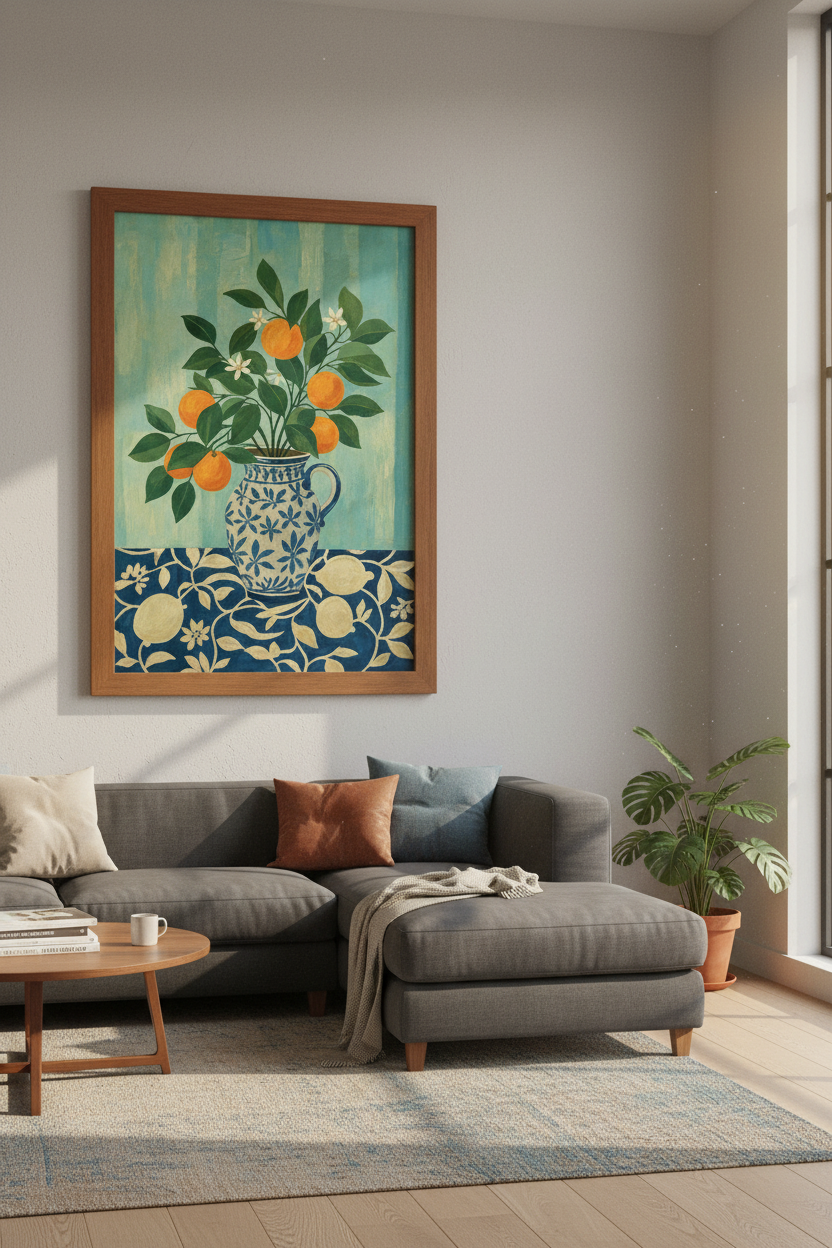 Orange Tree in Blue Vase Wall Art | Kitchen Decor | Mediterranean Fruit Poster