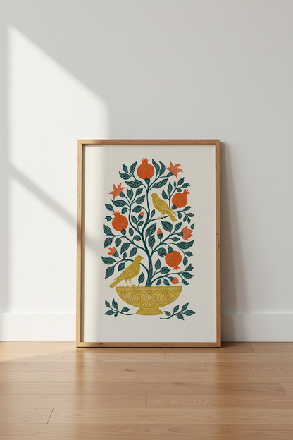 Folk Art Pomegranate Tree Wall Art | Golden Bird &amp; Botanical Decor | Boho Poster