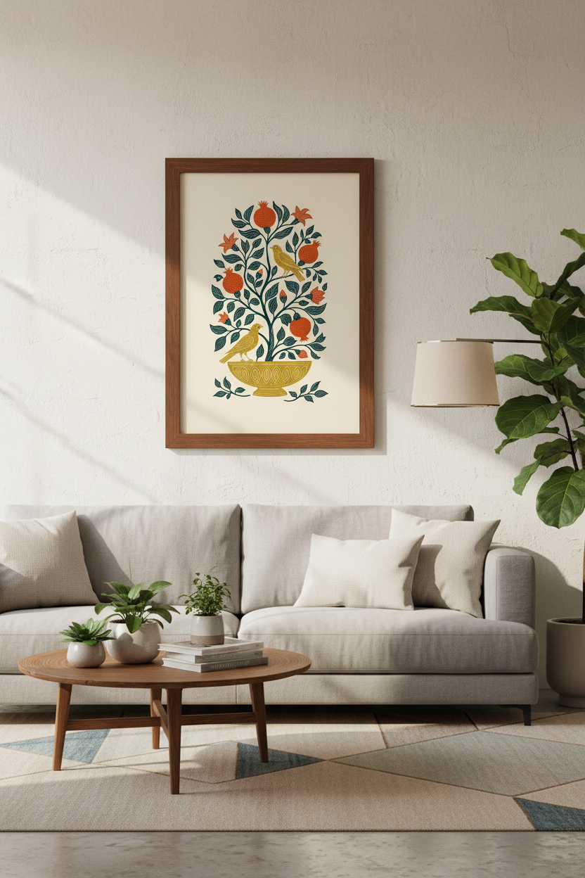 Folk Art Pomegranate Tree Wall Art | Golden Bird &amp; Botanical Decor | Boho Poster