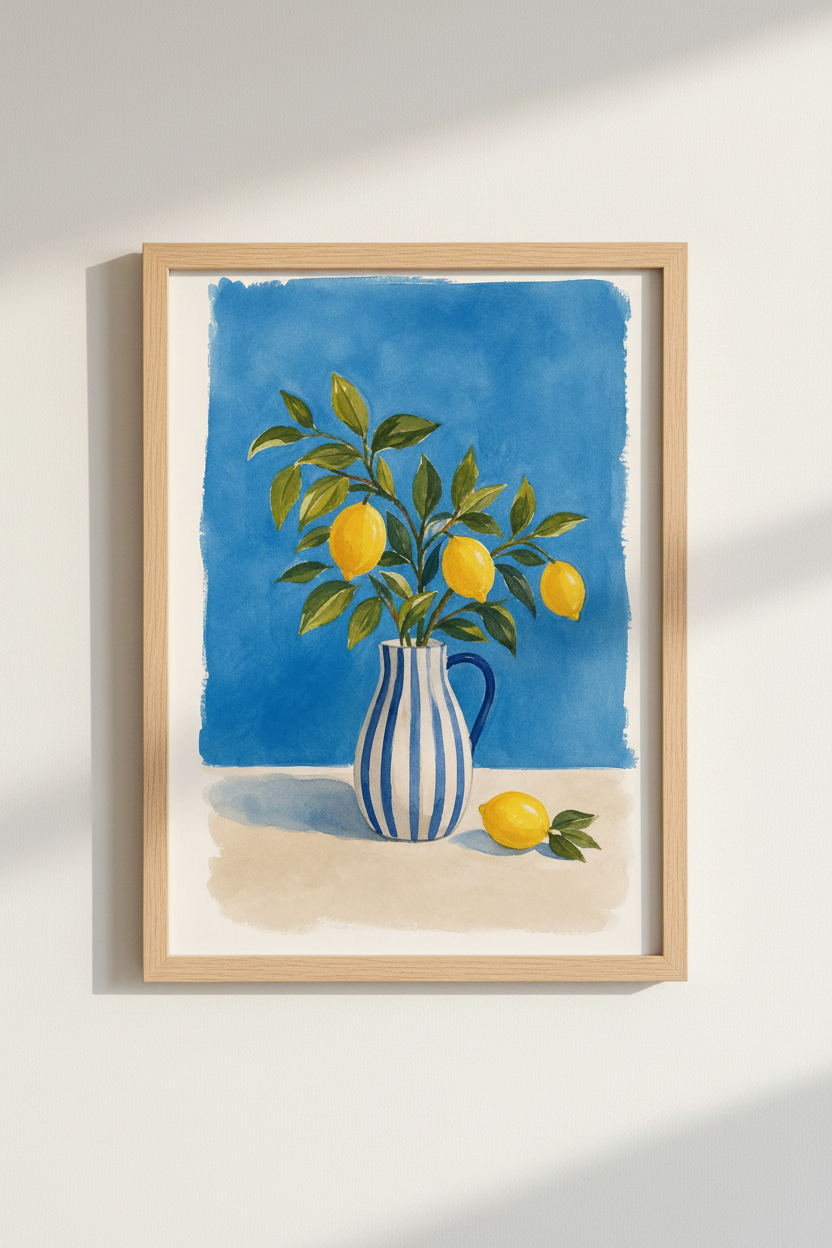 Mediterranean Lemon Wall Art Print | Blue and White Kitchen Decor | Watercolor Poster
