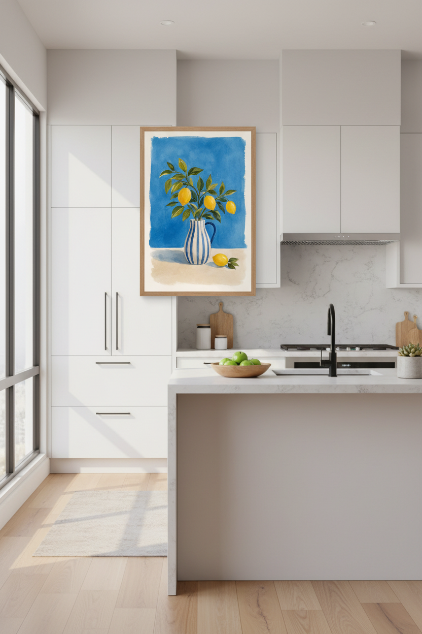 Mediterranean Lemon Wall Art Print | Blue and White Kitchen Decor | Watercolor Poster