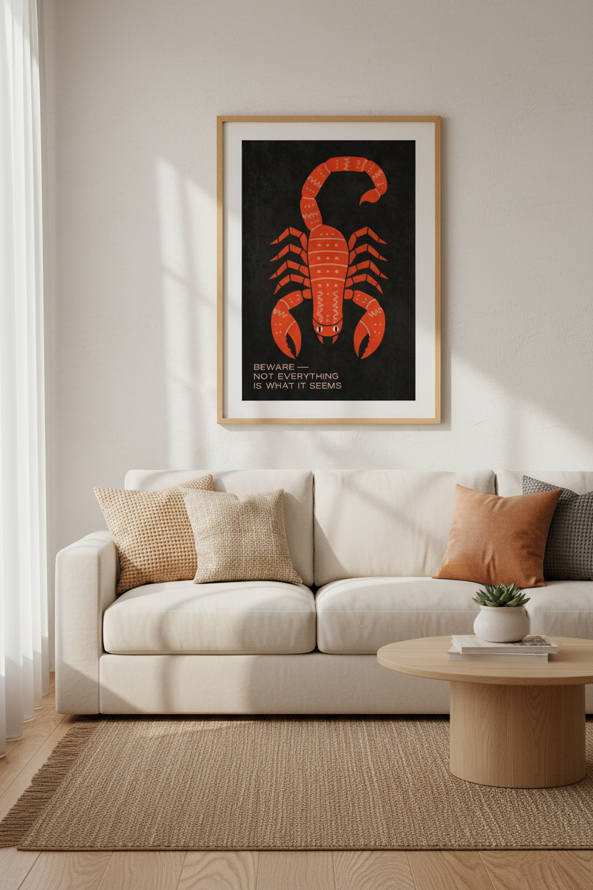 Scorpio Scorpion Wall Art Print | Black and Orange Modern Dark Academia Poster