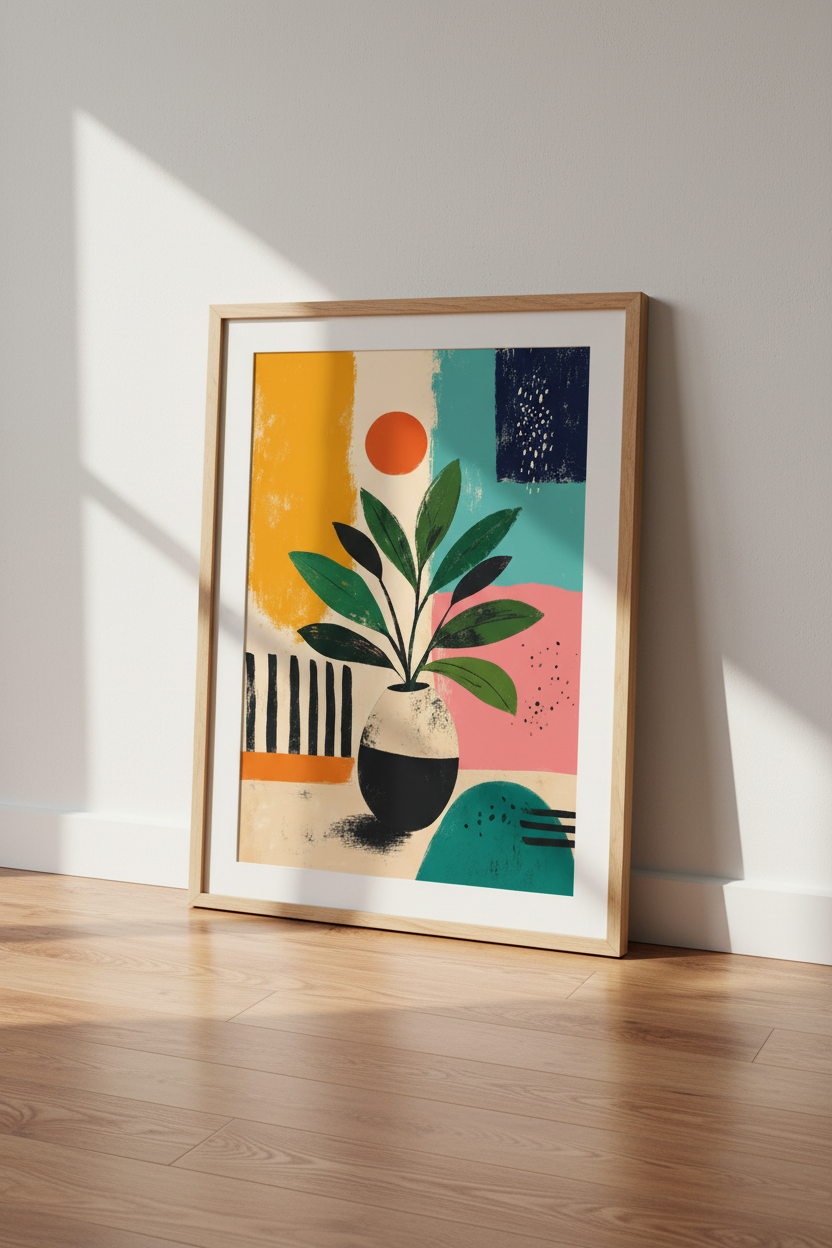 Abstract Botanical Still Life Print | Colorful MCM Wall Art, Living Room Decor