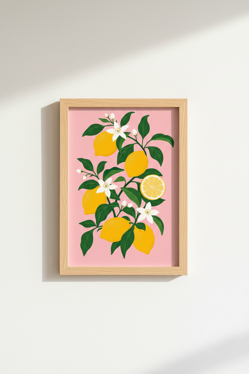 Lemon Wall Art Print | Mediterranean Citrus Kitchen Decor | Modern Pink Floral Poster