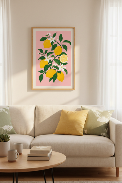 Lemon Wall Art Print | Mediterranean Citrus Kitchen Decor | Modern Pink Floral Poster