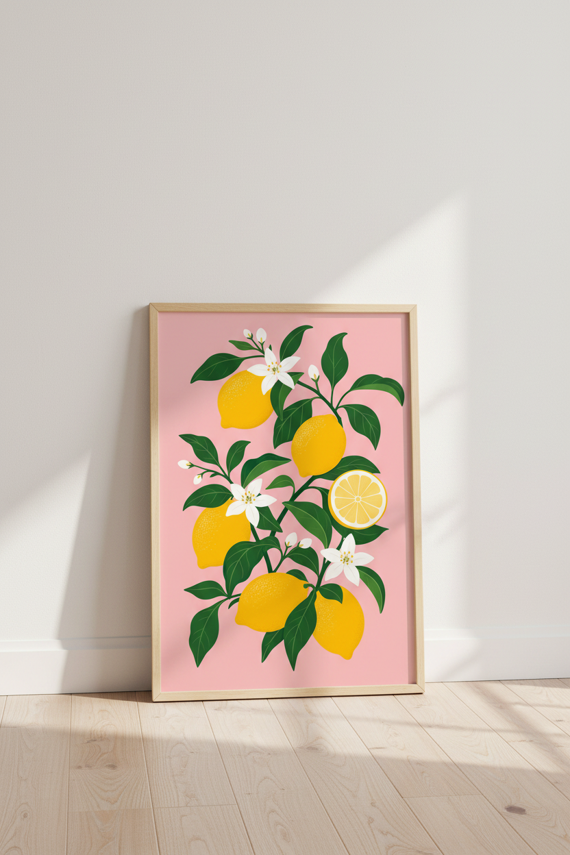 Lemon Wall Art Print | Mediterranean Citrus Kitchen Decor | Modern Pink Floral Poster