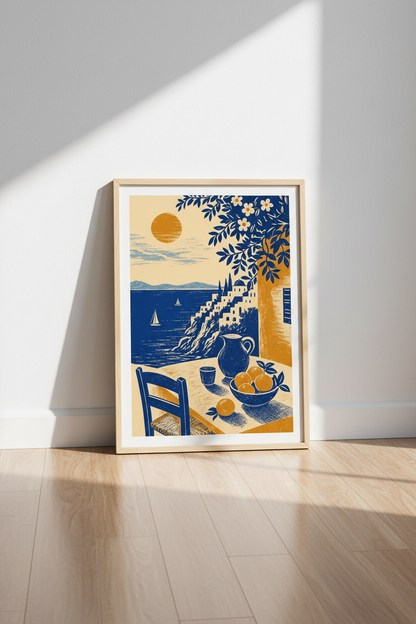 Greece Coastal Wall Art | Mediterranean Blue &amp; Orange Poster, Living Room Decor