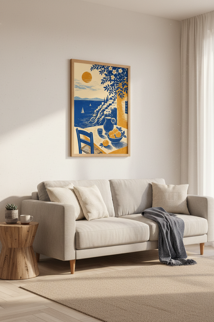 Greece Coastal Wall Art | Mediterranean Blue &amp; Orange Poster, Living Room Decor