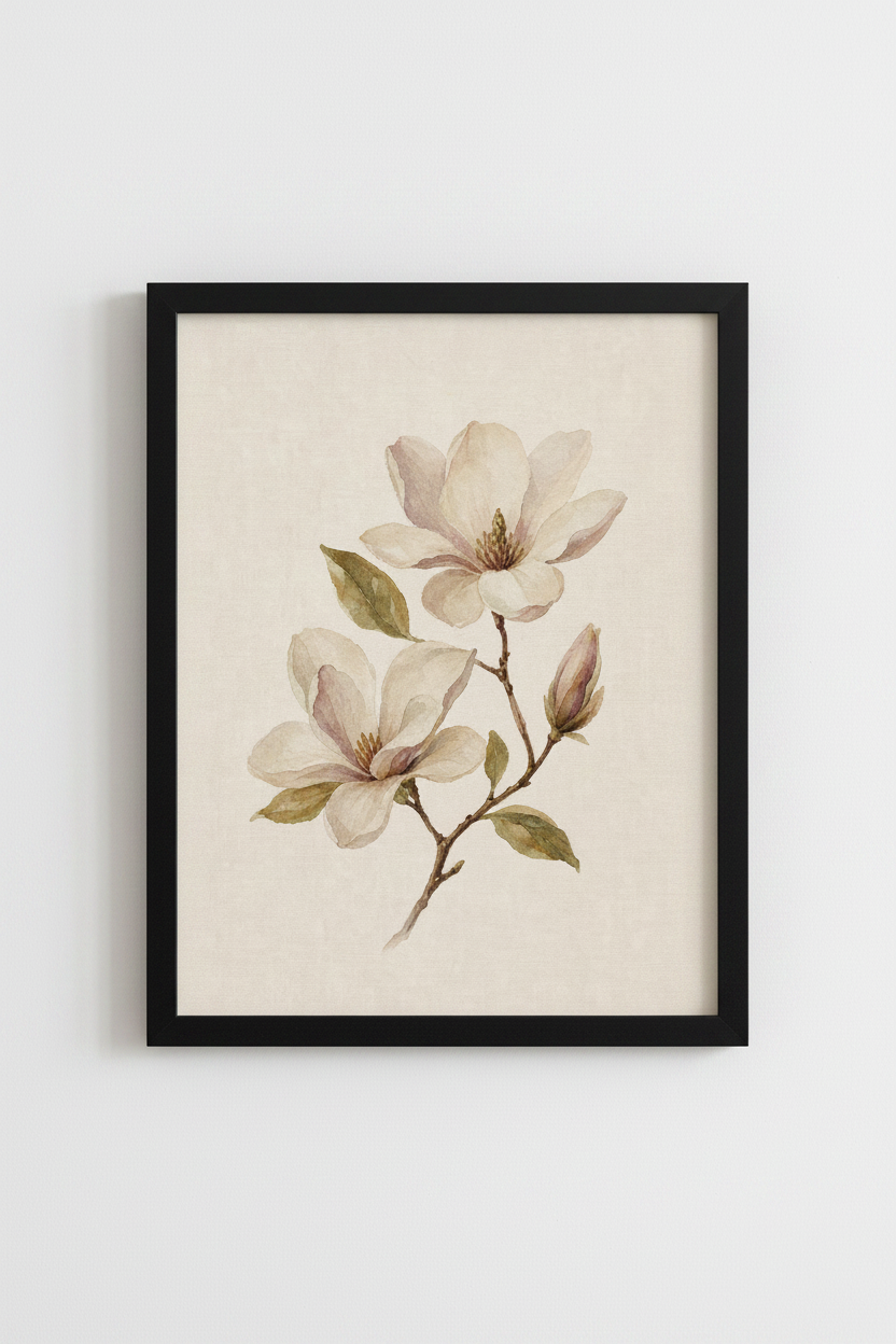 Magnolia Flower Watercolor Wall Art | Cream Botanical Decor | Vintage Floral Poster