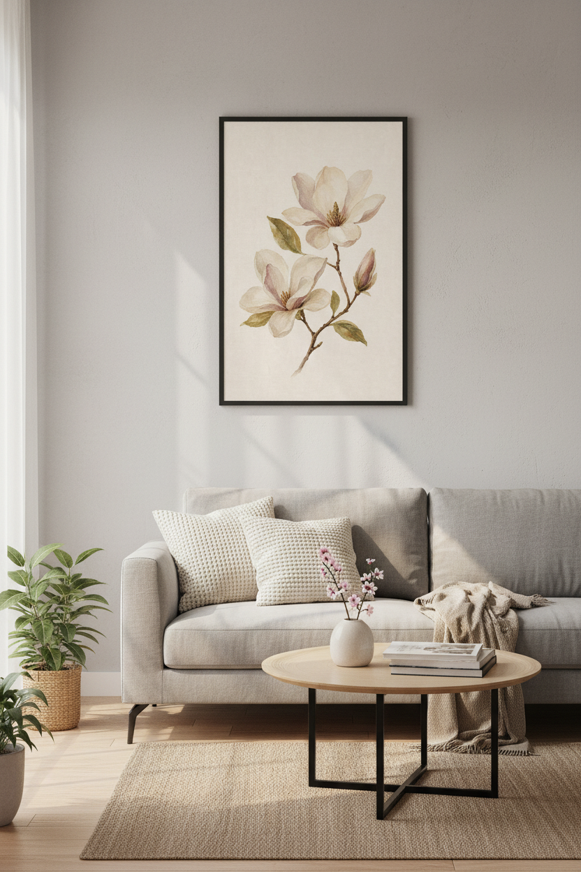 Magnolia Flower Watercolor Wall Art | Cream Botanical Decor | Vintage Floral Poster