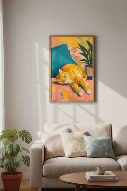 Ginger Cat Art Print | Vibrant Impasto Tabby, Eclectic Living Room Decor