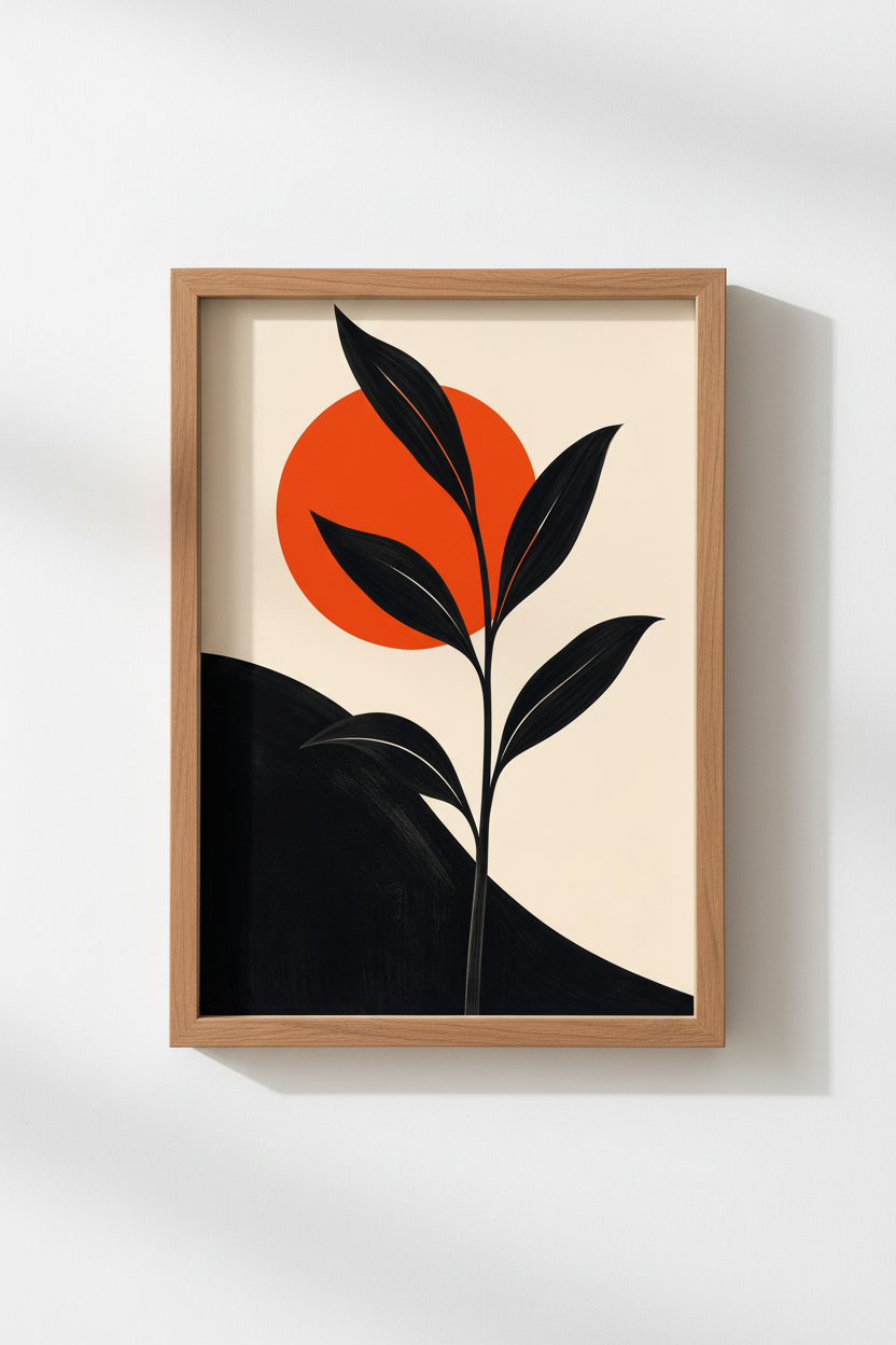 Minimalist botanical print | Black silhouette, orange sun | Living room decor